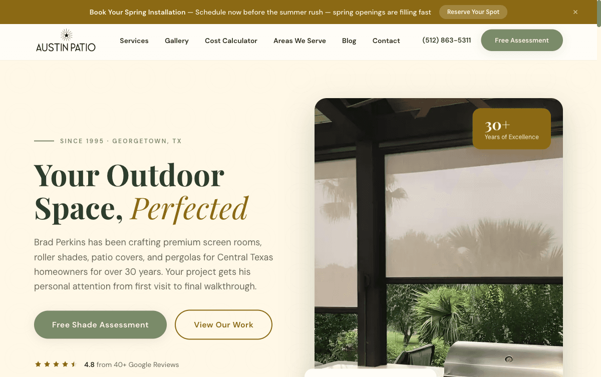 Austin Patio — contractor website with cost calculator and scroll video